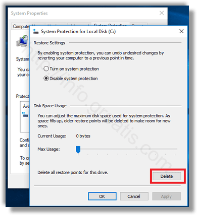 windows 10 delete system restore point