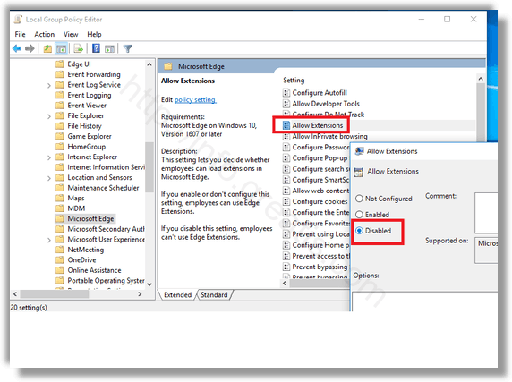 windows 10 disable extensions with group policy