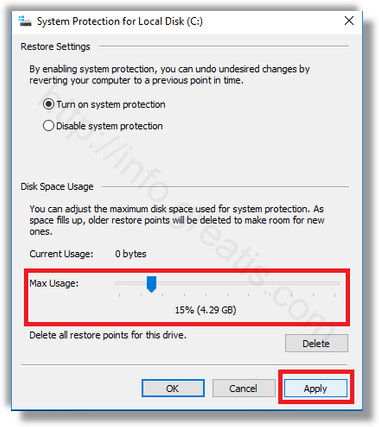 windows 10 system protection apply max usage