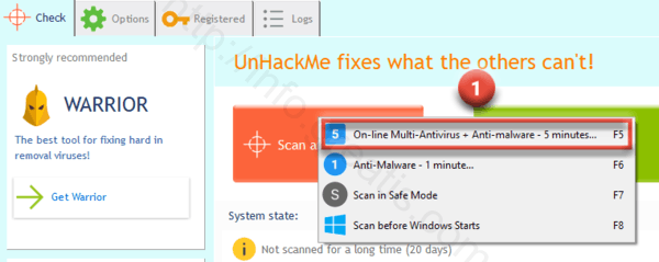 Start removing virus using UnHackMe
