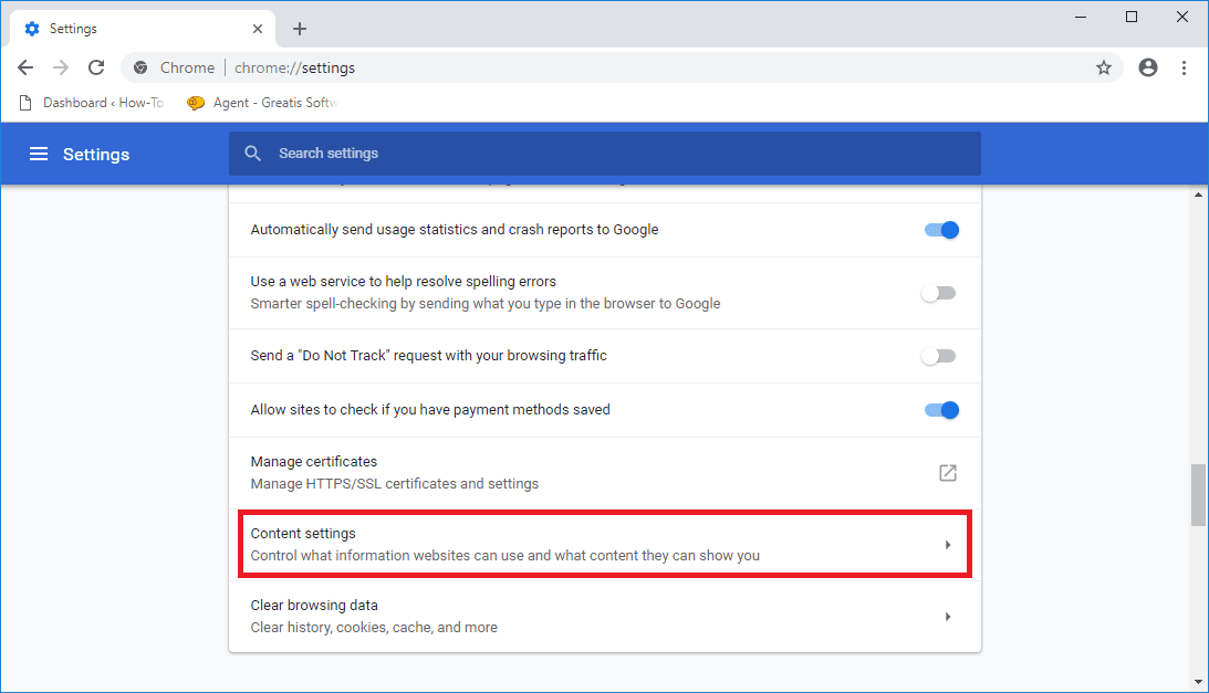 Run Content Settings in Privacy and security sections