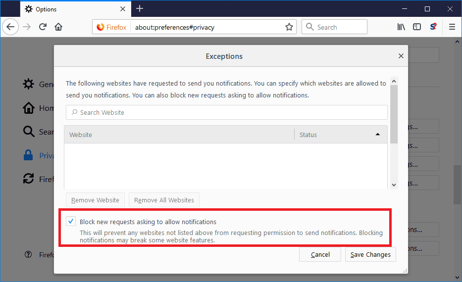 Block new requests in Firefox