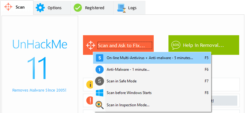 Start removing virus using UnHackMe