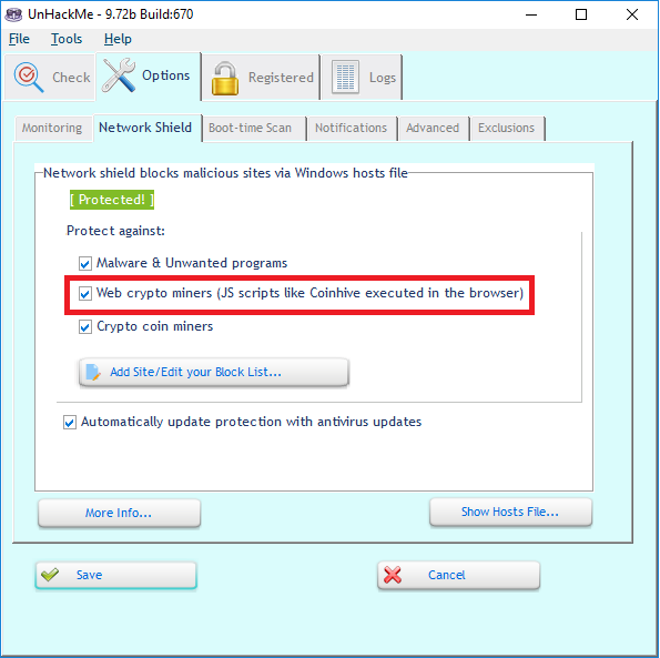 Проверим опции защиты UnHackMe