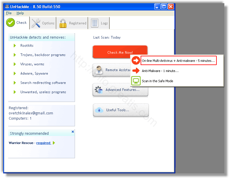Start removing virus using UnHackMe