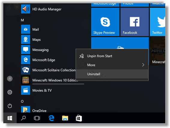windows 10 app uninstall from start menu