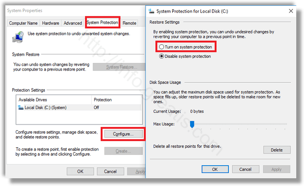 windows 10 configure turn on system protection