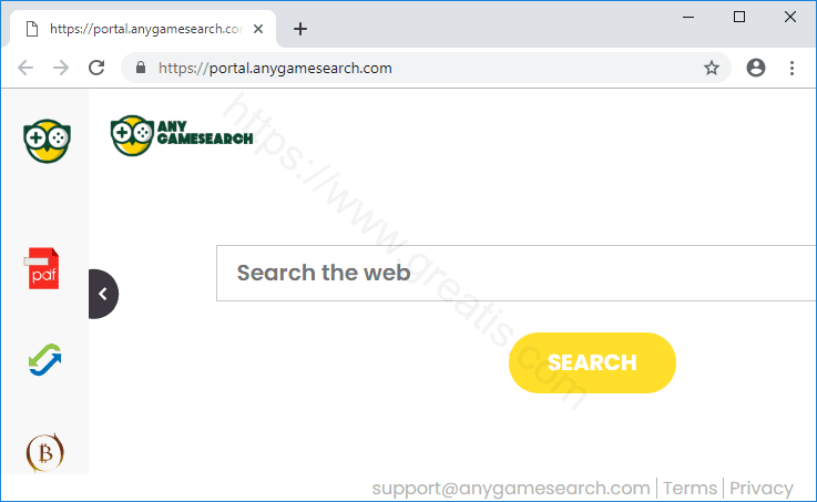 Web site ANYGAMESEARCH.COM displays popup notifications