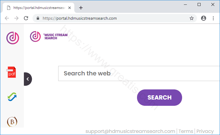 Browser is redirected to the HDMUSICSTREAMSEARCH.COM site